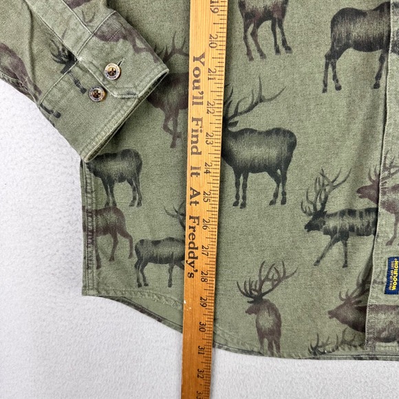 Woolrich Flannel Shirt Mens Large Green Elk AOP Long Sleeve Button Up Retro Work - Picture 9 of 10